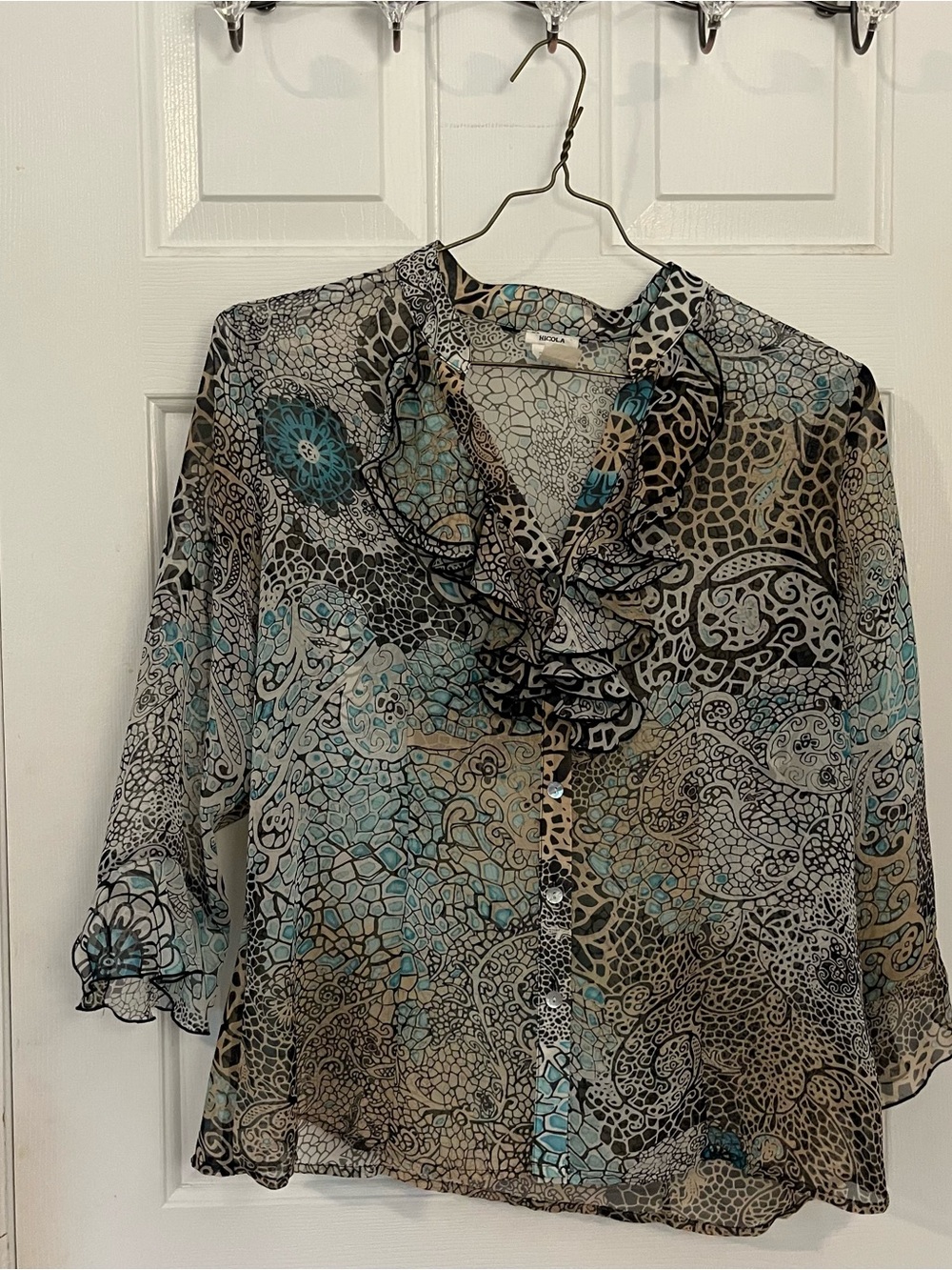 Vintage NICOLA Sheer Ruffle-Front Printed Blouse